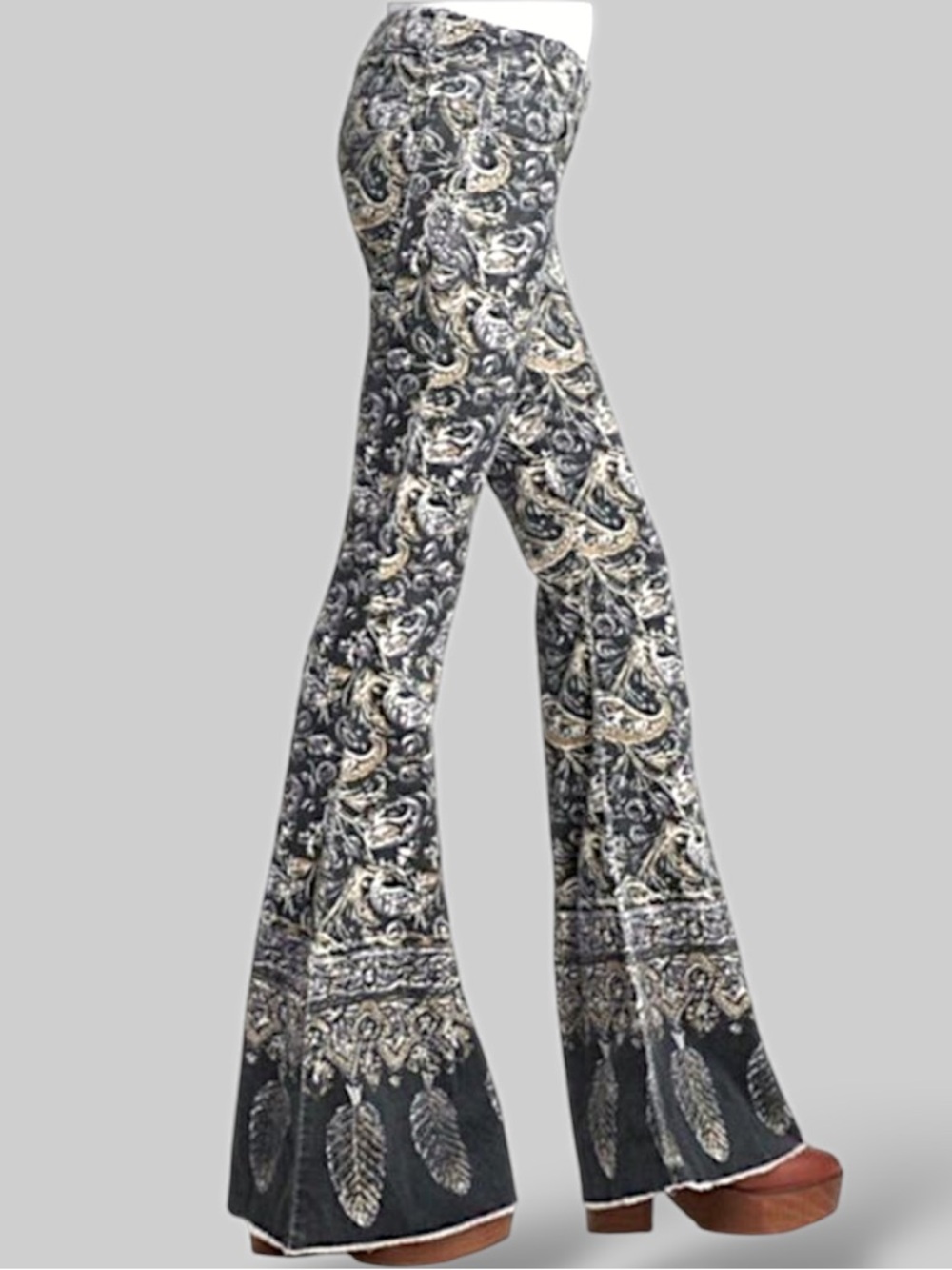 Free People Black Paisley Flare Pants with Border Print - Picture 3 of 6